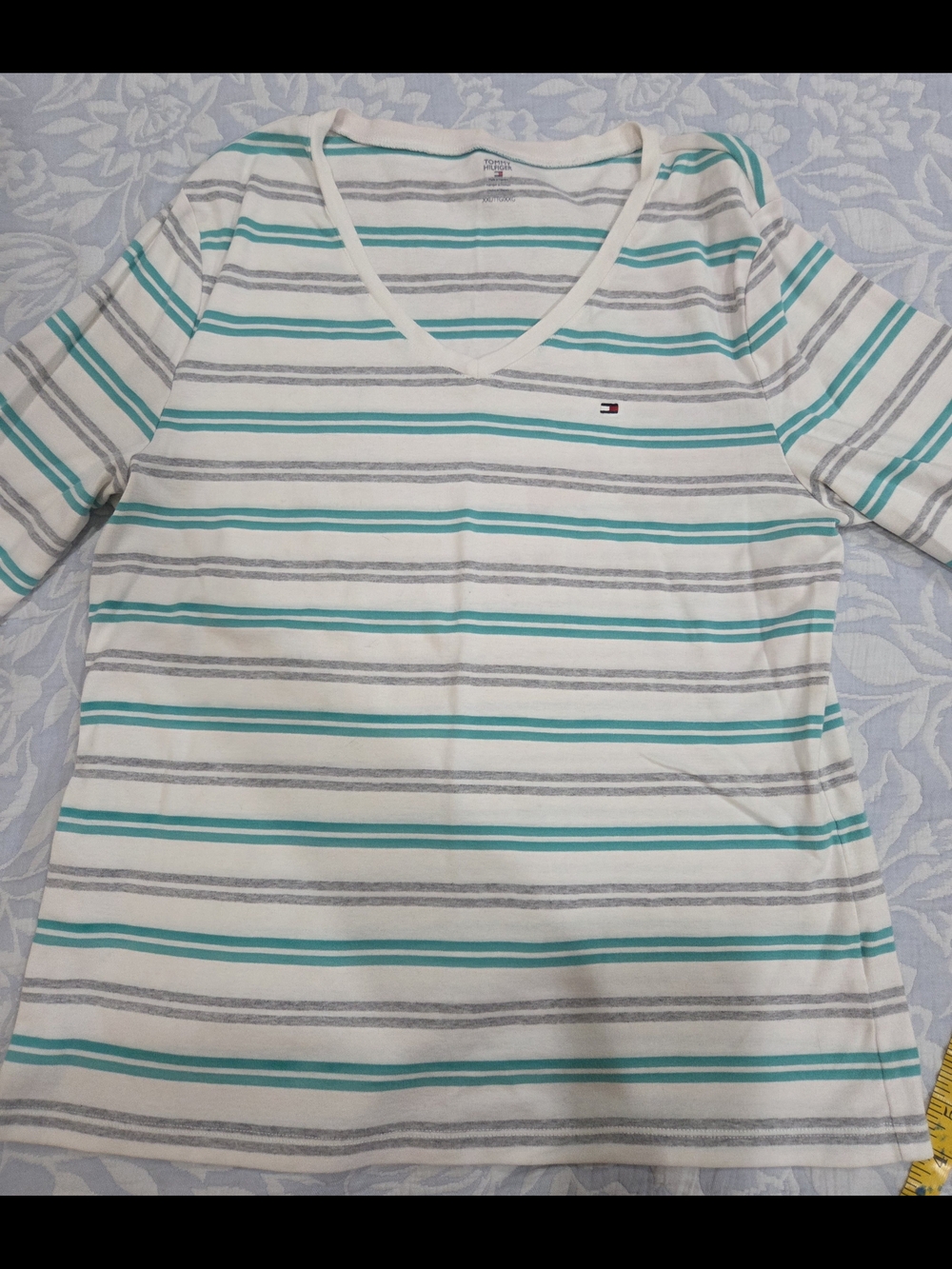Tommy Hilfiger Striped V-Neck Tee in White, Teal & Gray
